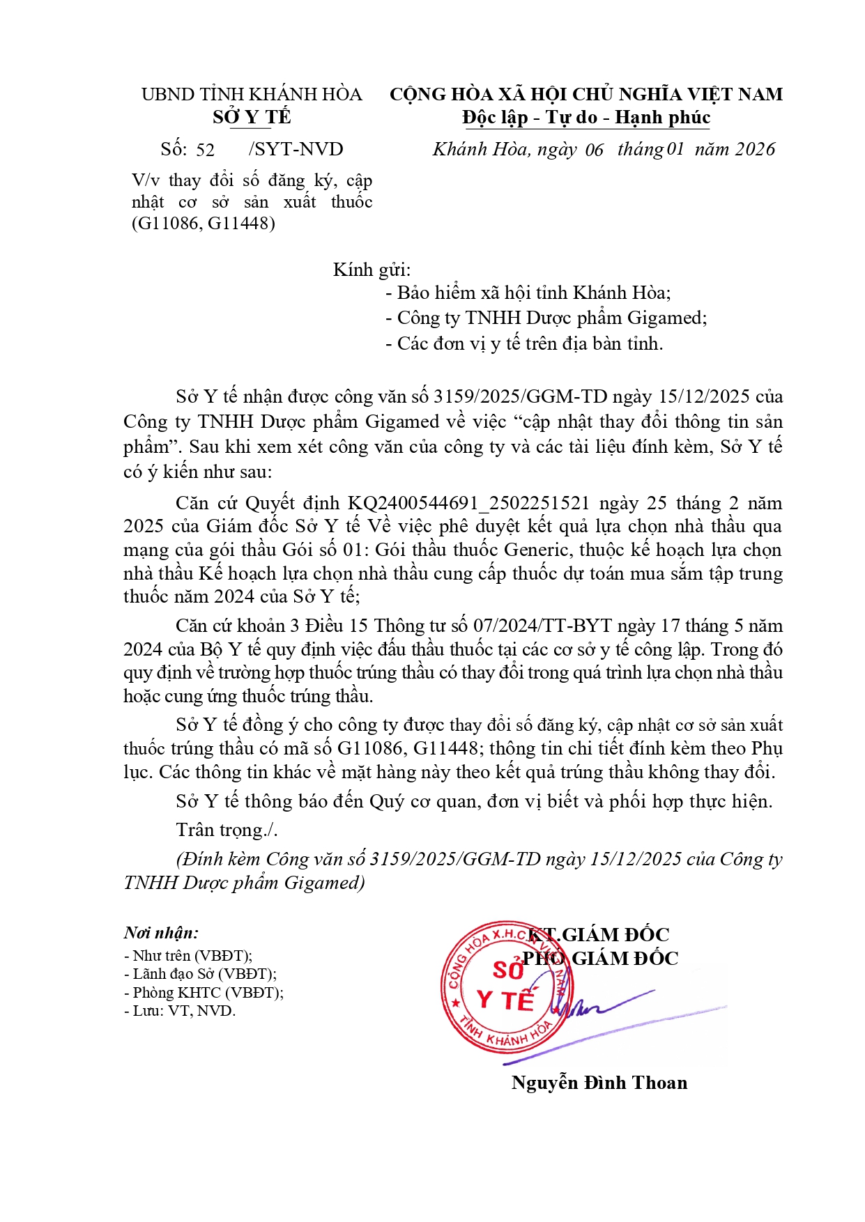 V/v thay đổi số đăng ký, cập nhật cơ sở sản xuất thuốc (G11086, G11448)